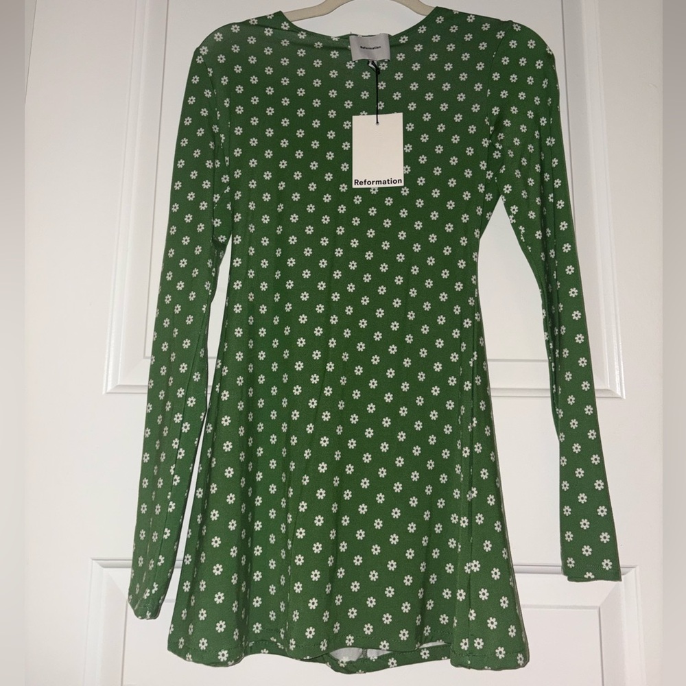 NWT XS Reformation Green Floral Long Sleeve Mini Dress